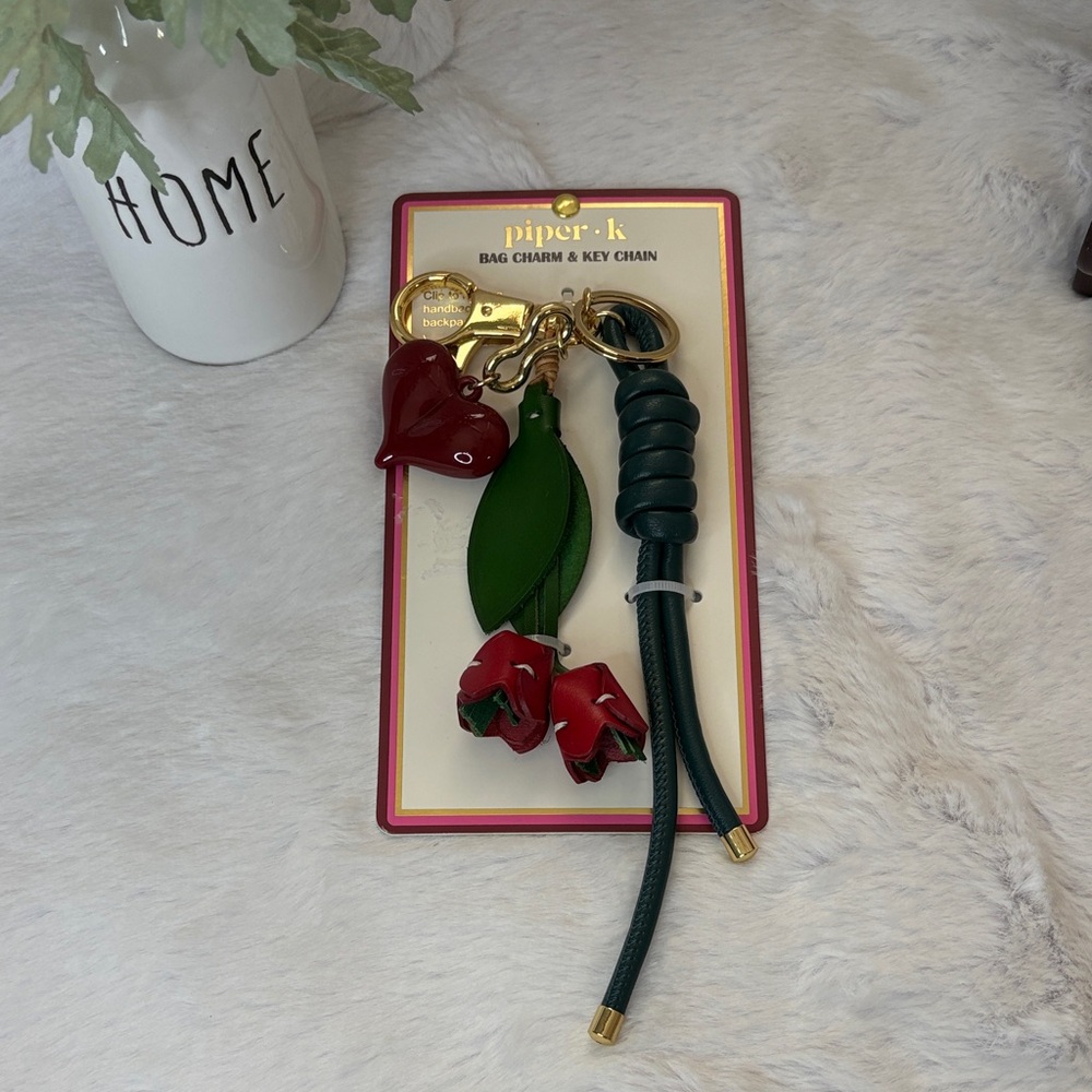 Piper-K Red Floral & Dark Green Braided Leather Key Charm with Gold Hardware